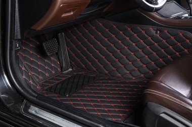 Online Black and Red Stitching Luxury Leather Diamond Car Floor Mats