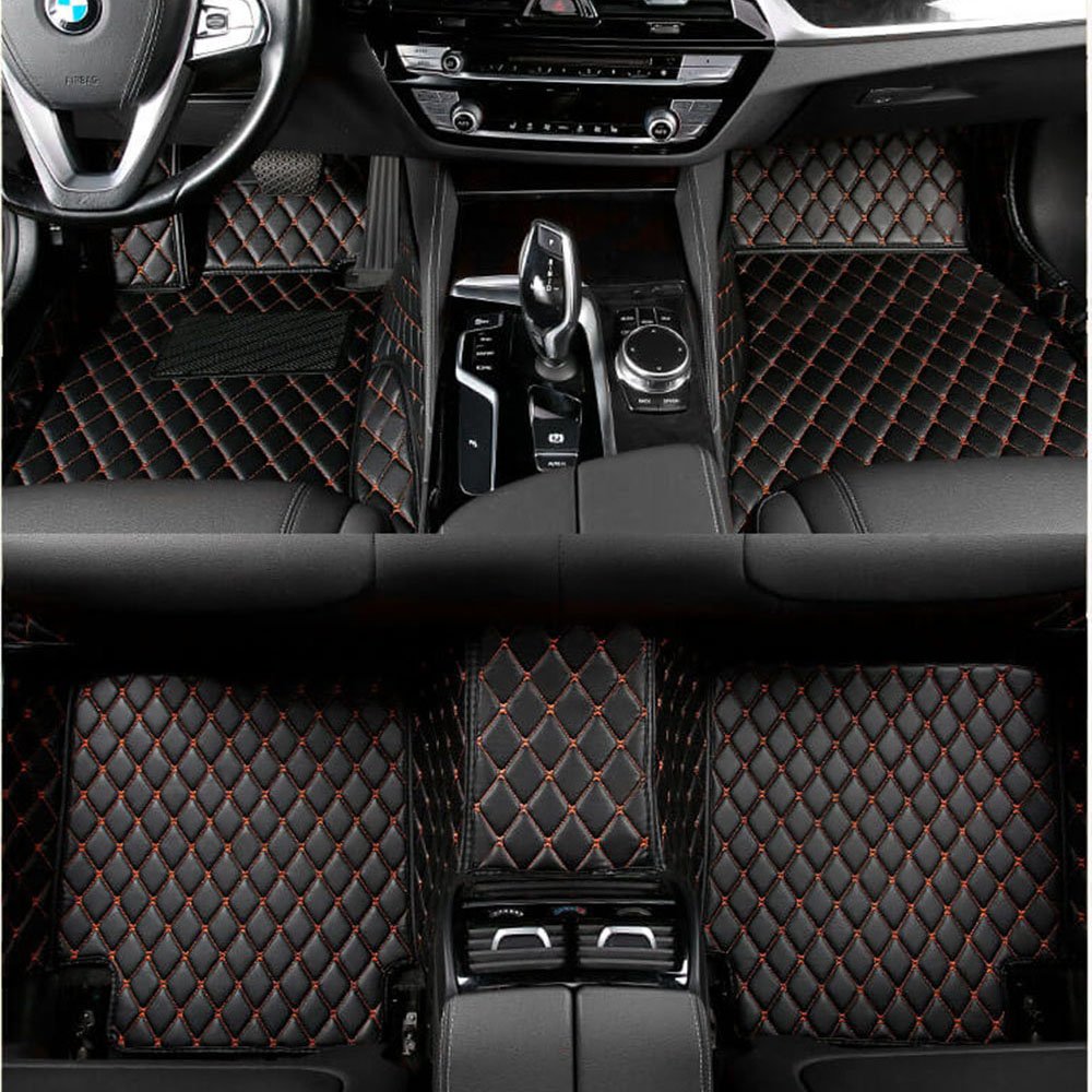 Online Black and Orange Stitching Luxury Leather Diamond Car Mats Online Black and Orange Stitching Luxury Leather Diamond Car Mats